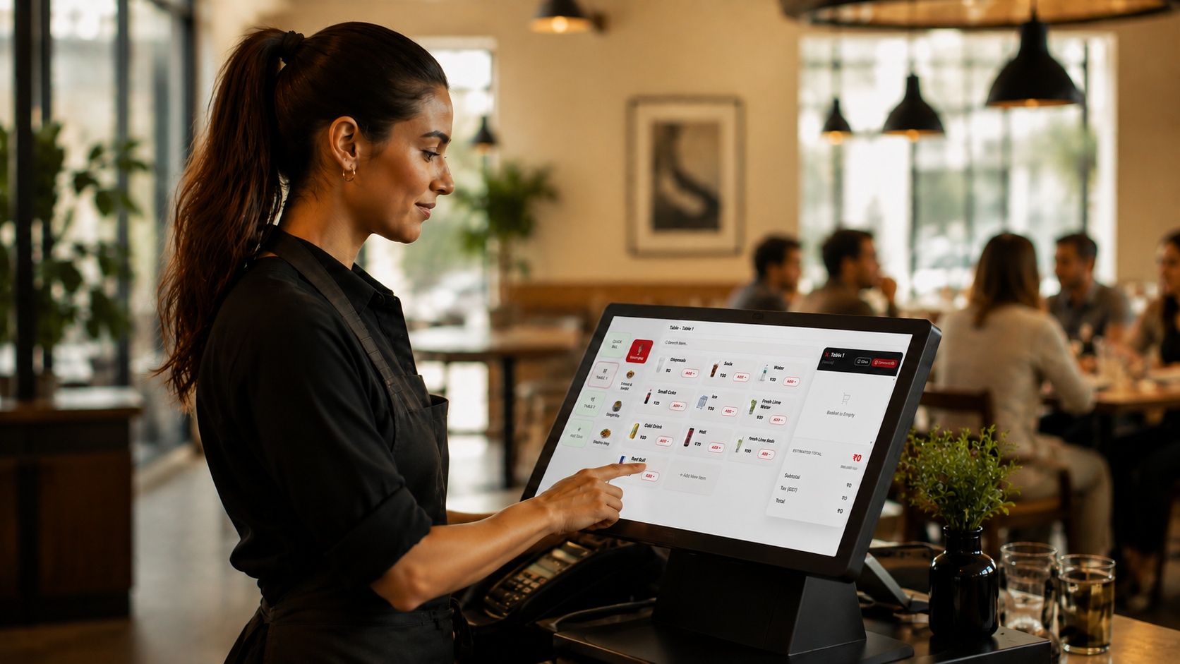 Restaurant staff using the RestroPartner POS terminal at the counter